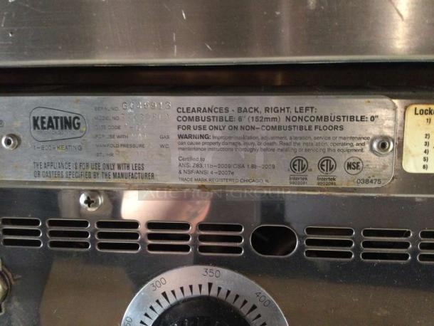 Pristine Keating MIRACLEAN® gas griddle with multi-zone controls, NSF & UL listed, tested, serial G6AS913, Chicago-made.