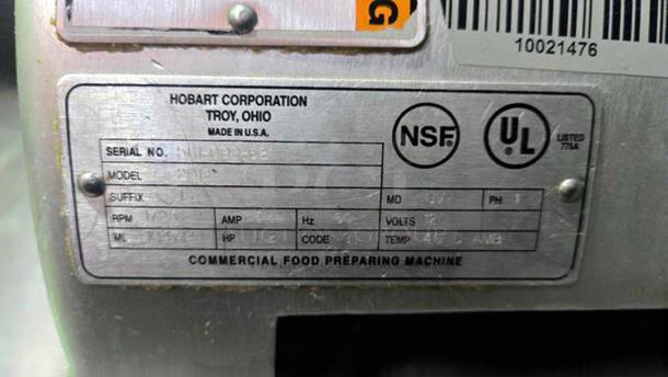 Hobart 2912 commercial meat slicer label, showing model, serial number, electrical specs, and NSF/UL certifications.