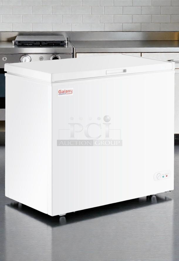 Immaculate Galaxy 177CF7 commercial chest freezer, 115V, single phase, fully tested, and working, white exterior.