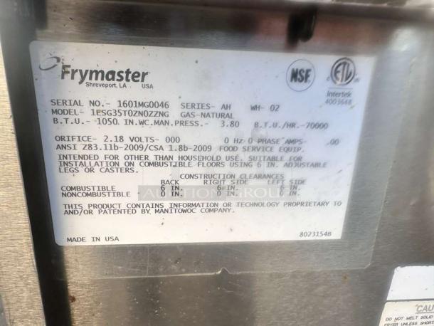 Label on Frymaster 1ESG35T gas fryer showing model details, natural gas specifications, 70,000 BTU/hr, made in USA.