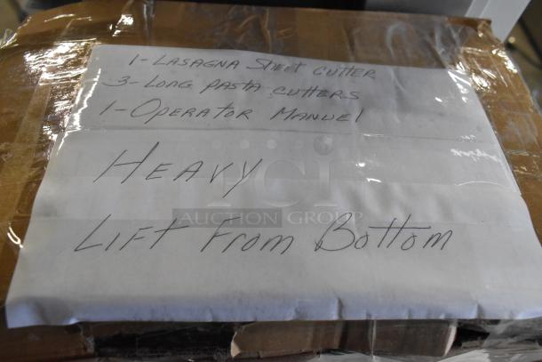 Arcobaleno AMF160 commercial pasta machine on casters, 220/380V, 3-phase. Includes lasagna sheet cutter, long pasta cutters, and manual.