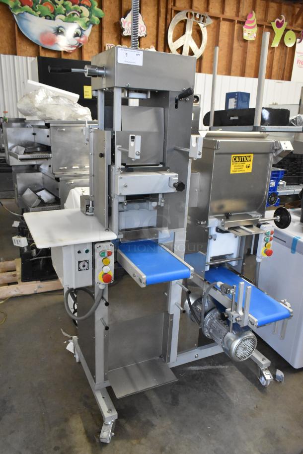 Arcobaleno AMF160 metal commercial pasta machine on casters, 220/380V, 3-phase; includes control panel and caution label.