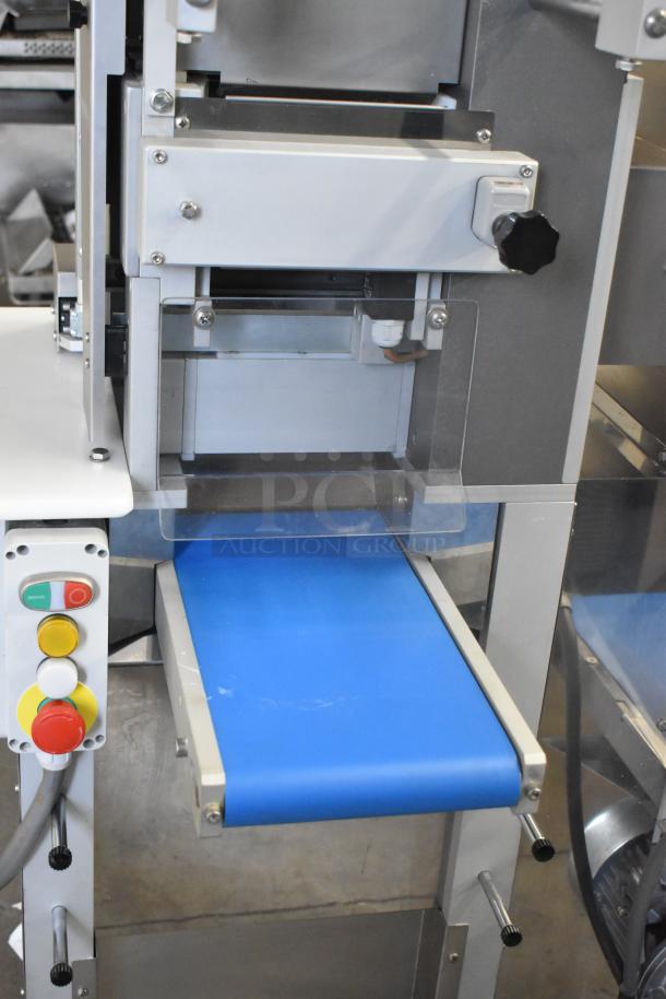 Arcobaleno AMF160 commercial pasta machine with blue conveyor belt. Floor model on casters, control buttons visible. 220/380V, 3 phase.