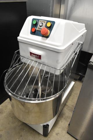 Brand new Estella 348SM30 30 Qt. spiral dough mixer, metal bowl, bowl guard, dough hook, two-speed, 120V, 1 phase.