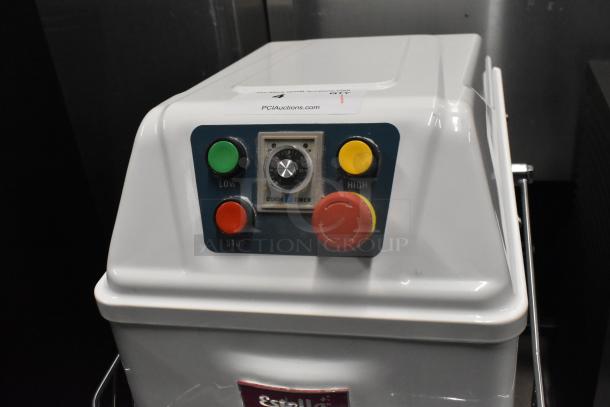 Brand new Estella 348SM30 spiral dough mixer, 30 Qt, 120V, with control panel, bowl guard, and attachments, minor scratches.