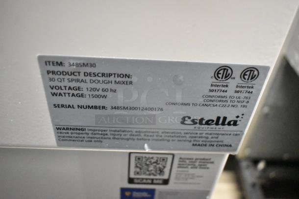 BRAND NEW Estella 348SM30 Spiral Dough Mixer; 30 Qt, 42 lb capacity, 120V, metal mixing bowl, bowl guard, dough hook, scratch and dent.