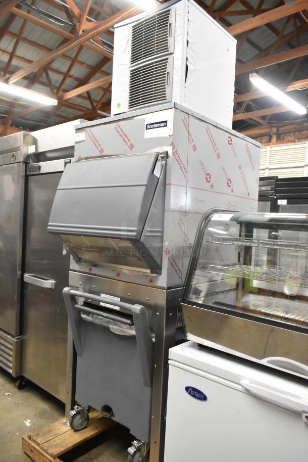BRAND NEW 2024 Scotsman FS1222A-32B stainless steel ice head on bin with LQ1BASE stand and gray poly ice cart. 208/230V, 1 phase.