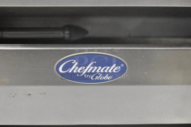 Globe Chefmate GC 512 stainless steel meat slicer with blade sharpener, label visible. 115 volts, 1 phase.