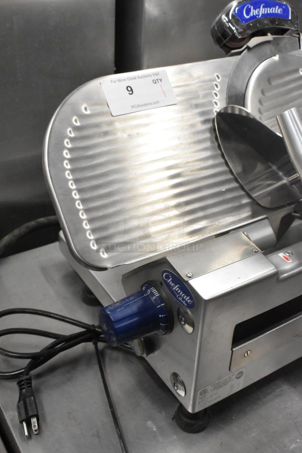 Globe Chefmate GC 512 stainless steel commercial meat slicer with blade sharpener, 115V, 1 Phase, countertop model.