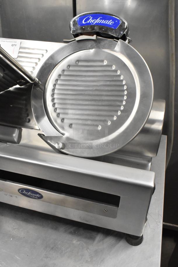 Globe Chefmate GC 512 stainless steel meat slicer with blade sharpener, 115V, 1 phase, excellent condition, visible branding.