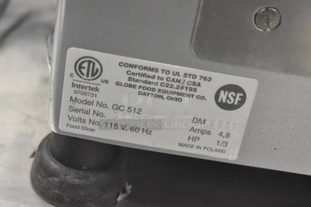 Globe Chefmate GC 512 stainless steel meat slicer label, showing model details, 115V, and certification marks.