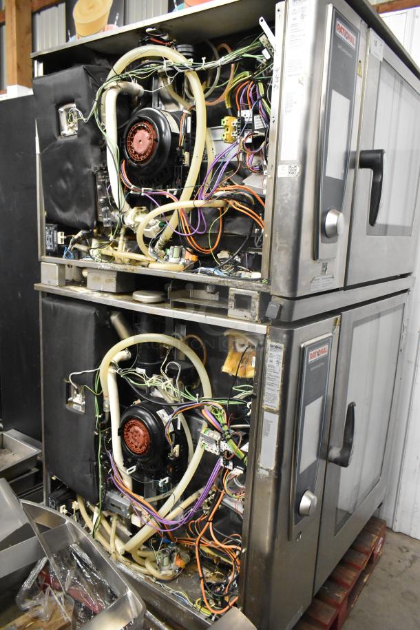 Pair of 2019/2016 Rational SCCWE62/SCCWE102 stainless steel convection ovens with visible wiring, 480V, 3 phase.