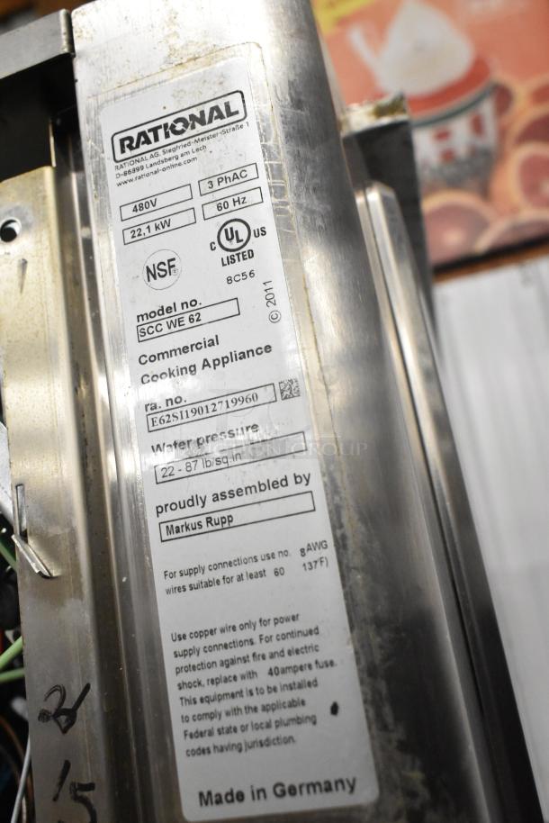 Rational SCCWE62 stainless steel convection oven label showing model, voltage, and certifications. Made in Germany.