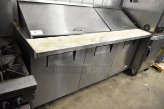 2021 True TSSU-72-30MB-ST-HC stainless steel sandwich prep table, bain marie mega top, commercial casters, 115V, 1 phase.