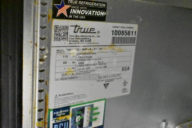 2021 True TSSU-72-30MB-ST-HC stainless steel sandwich prep table tag, showing model, voltage, and manufacturing details.