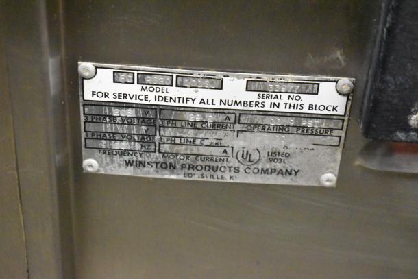 Winston CollectraMatic R620 stainless steel electric pressure fryer, 208V, 1-phase, serial plate with voltage and UL listing.