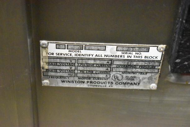 Winston CollectraMatic R620 stainless steel electric pressure fryer, 208V, 1 phase label showing model and specifications.