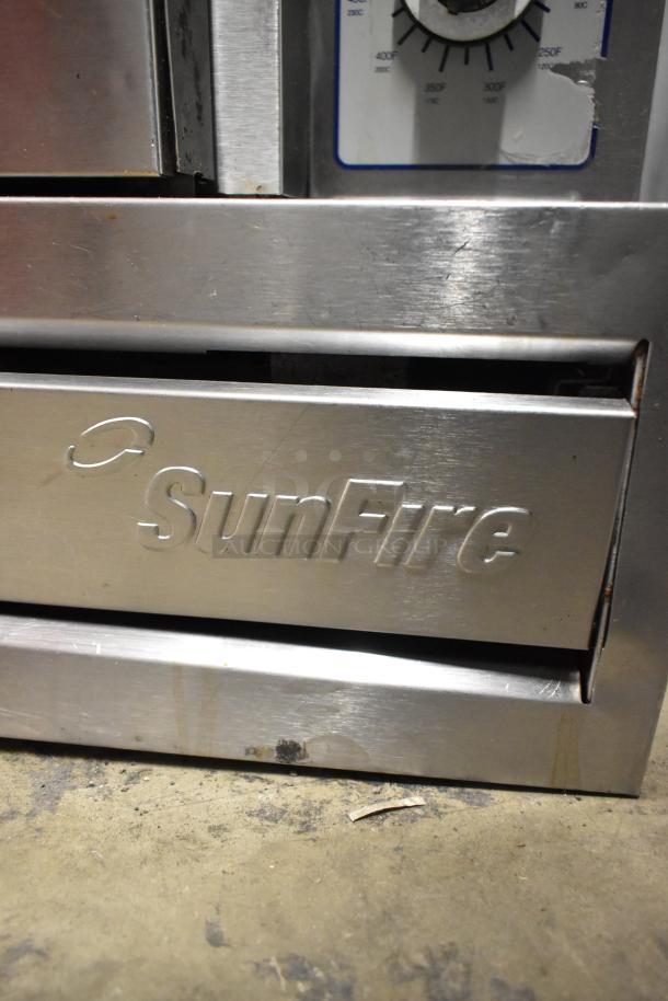 Garland SunFire stainless steel commercial convection oven, natural gas, view-through doors, thermostatic controls.