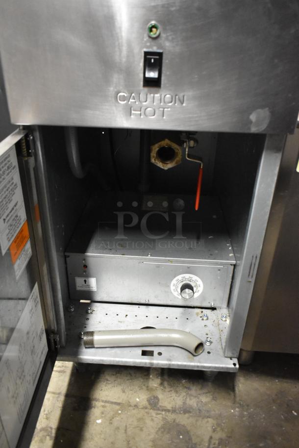 Frymaster Dean SR114ESD commercial fryer, stainless steel, electric, 208V, 3 phase, temperature dial, caution hot label.