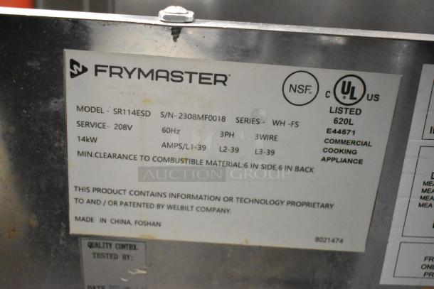2023 Frymaster Dean SR114ESD stainless steel commercial fryer, 208V, 3-phase, with labels detailing model, power, and safety info.