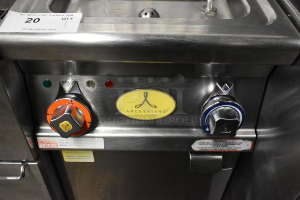 2022 Arcobaleno APCE28 stainless steel commercial pasta cooker, floor style, electric, 230V, 3 phase, control knobs visible.