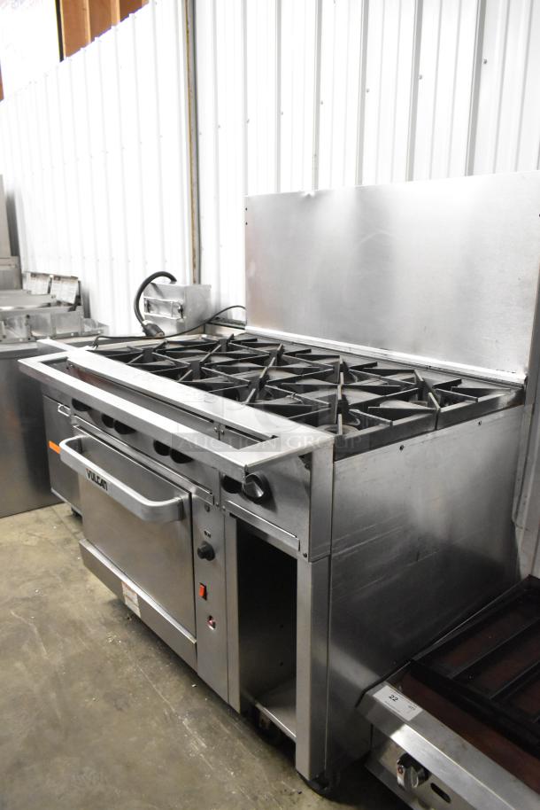 Vulcan 48C-SEFAAA stainless steel commercial 8-burner range with convection oven, backsplash, on casters.