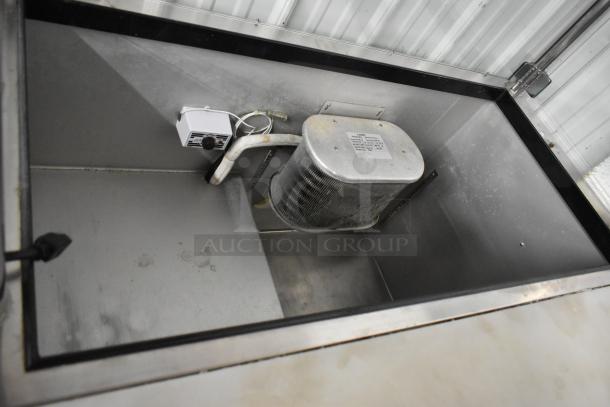 2016 Leader LM48 S/C stainless steel prep table interior, shows cooling unit and wiring. Model and voltage labels visible.