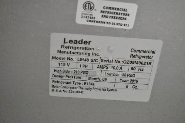 2016 Leader LM48 S/C stainless steel prep table label. Model LM48 S/C, 115V, 1PH, serial GZ09M0621B, R134a refrigerant.