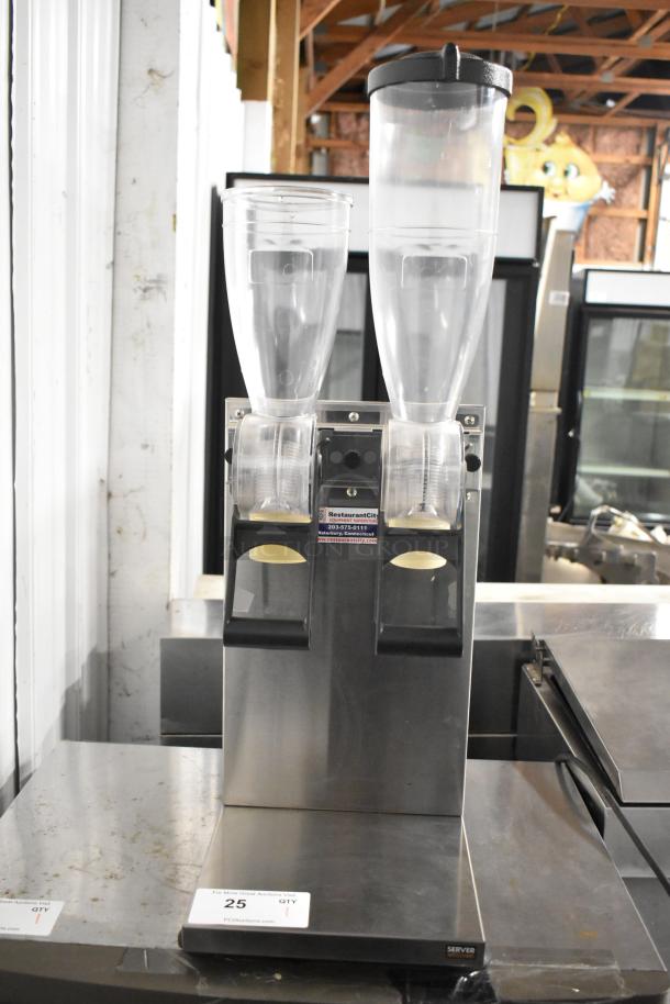 Metal countertop 2-well dry food dispenser by Server. Features clear containers, metal base, and dual dispensing levers. Good condition.