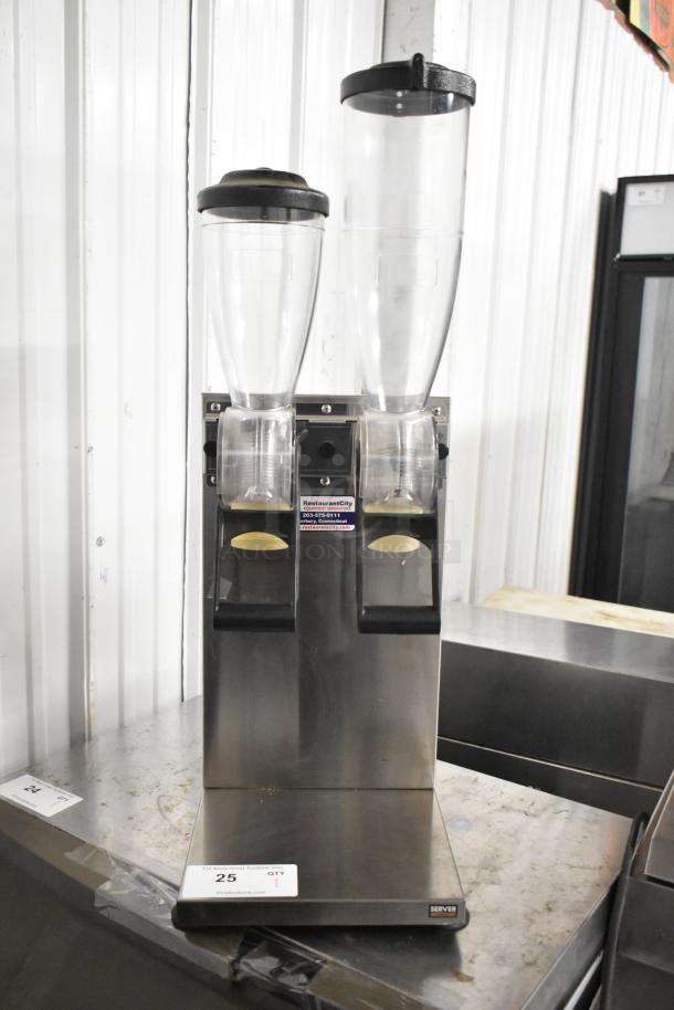 Server metal countertop 2-well dry food dispenser; stainless steel, dual clear containers, excellent condition.