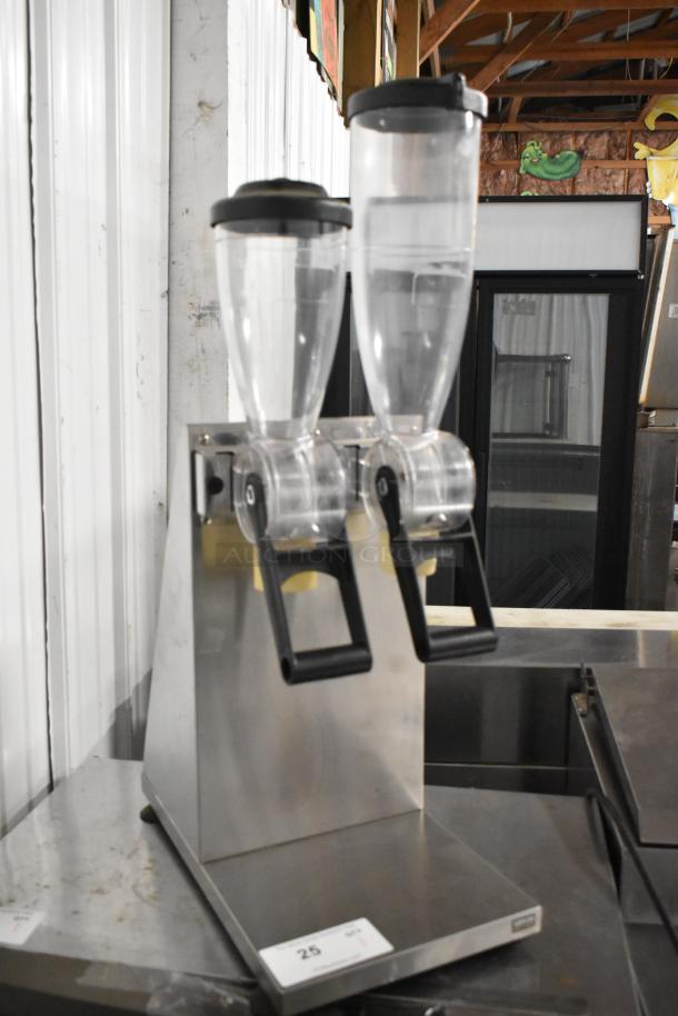 Server Metal Countertop 2 Well Dry Food Dispenser, dual plastic bins with black handles, stainless steel base, good condition.