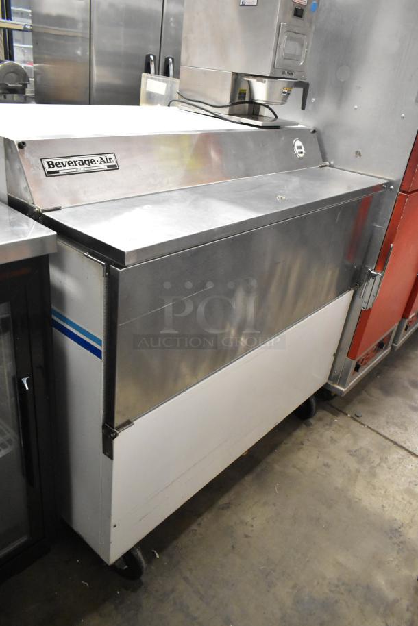 Beverage Air SMF49 stainless steel commercial milk cooler, on casters, 115V, 1 phase, showing brand label.