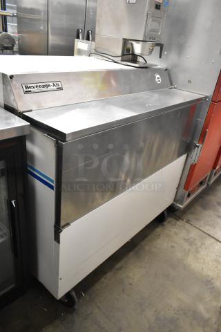 Beverage Air SMF49 stainless steel commercial milk cooler, on casters, 115V, 1 phase, showing brand label.