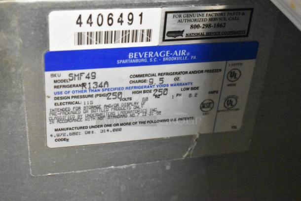 Beverage Air SMF49 Stainless Steel Commercial Milk Cooler, 115V, 1 Phase, model label with specs and serial number.