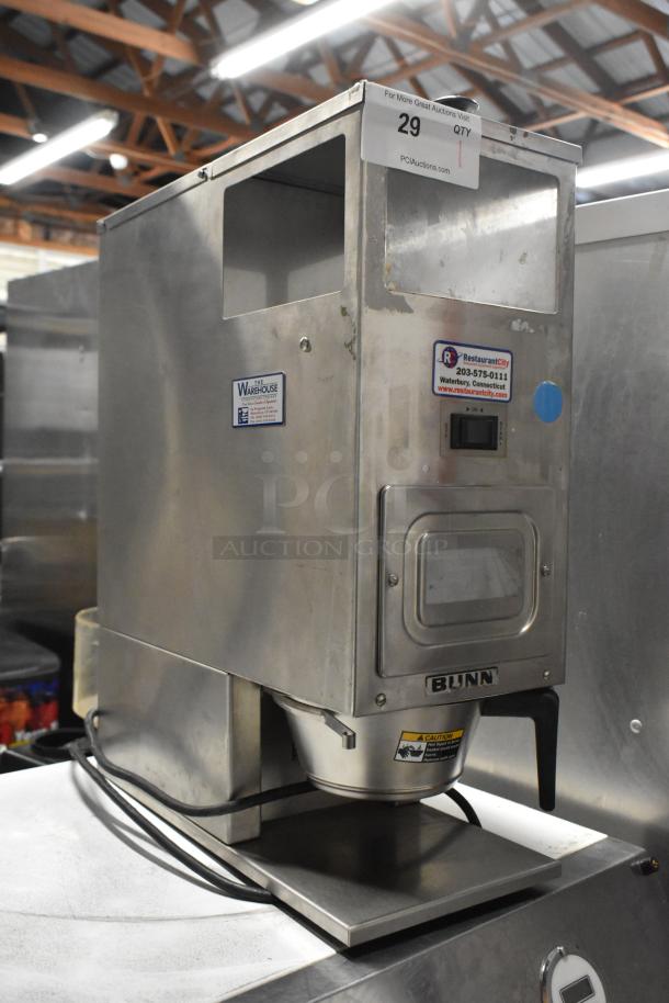 Bunn G-9 commercial coffee bean grinder, metal, good condition, 115 volts, 1 phase, visible labels and controls.