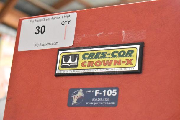 Cres-Cor H1381834 Heated Holding Cabinet, metal, commercial casters, Cres-Cor logo, tags with contact info and quantity.