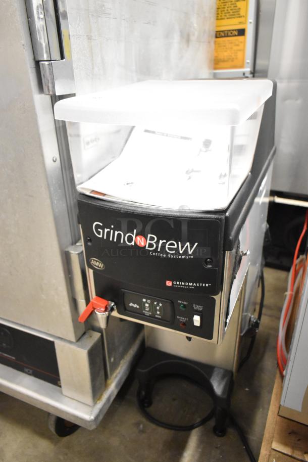 Grindmaster Grind'n Brew-10H coffee grinder and maker with hot water dispenser. Stainless steel, countertop model, 120V.