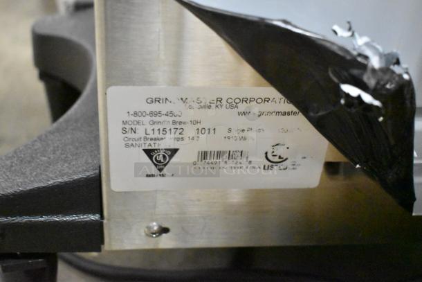 Grindmaster Grind'n Brew-10H label showing model, serial number, voltage, and certification markings.