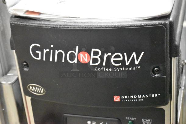 Grindmaster Grind'n Brew-10H coffee maker, grinder, stainless steel, with hot water dispenser, metal brew basket, 120V, 1 Phase.