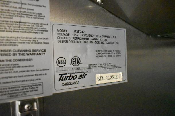 Turbo Air M3F24-1 label showing model, voltage, refrigerant specs, and certifications for commercial freezer.