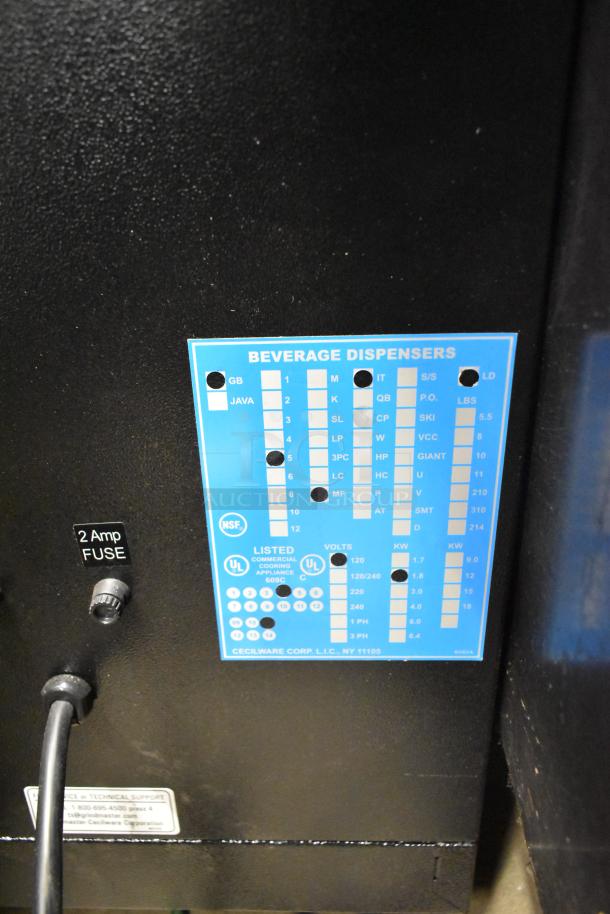 Cecilware GB5MFIT commercial cappuccino machine backside showing blue label with specifications, 2 Amp fuse, 120V, 1 phase.
