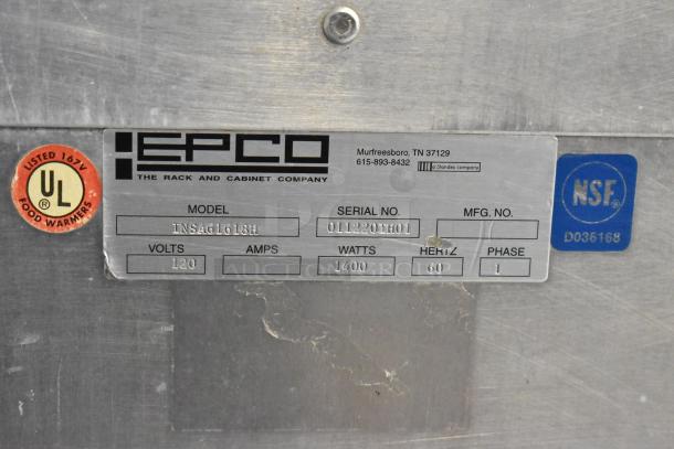 EPCO INSA61618H metal heated holding cabinet label showing model, serial number, 120 volts, 1400 watts, NSF and UL listed.