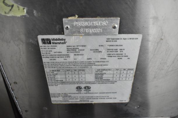 Middleby Marshall PS638G stainless steel natural gas conveyor pizza ovens, 89,000 BTU, commercial casters, labeled model details.