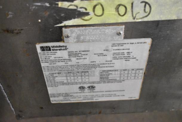 Middleby Marshall PS638G label showing specifications for stainless steel gas conveyor pizza ovens, 89,000 BTU.