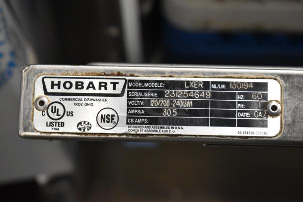 2023 Hobart LXER stainless steel commercial dishwasher label, 120/208-240V, 1 phase, serial 231254649, NSF certified.