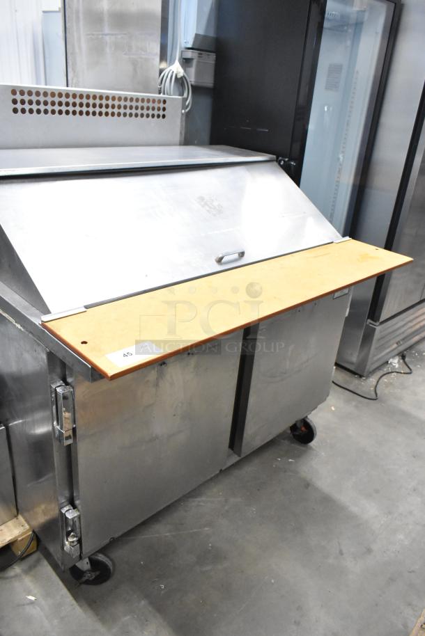 Beverage Air stainless steel prep table, sandwich salad bain marie, mega top, on commercial casters, 115V, 1 phase.