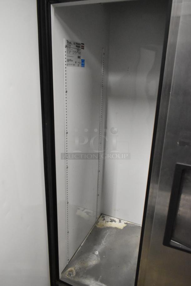True T-35 Stainless Steel 2-Door Reach-In Cooler, showing interior. 115 Volts, 1 Phase. Model label visible.
