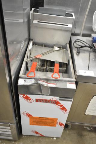 Brand new Vulcan LG300-2 stainless steel propane gas fryer, 90,000 BTU, with two metal fry baskets. Scratch and dent condition.
