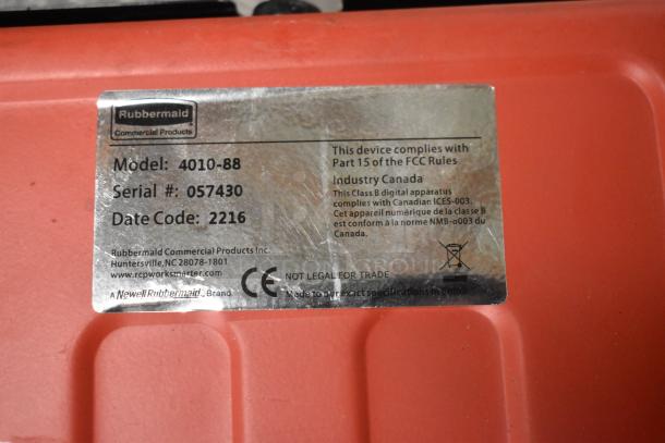 Rubbermaid 150 lb capacity scale, model 4010-88, serial 057430, with compliance label; not legal for trade.