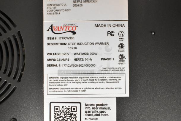 Avantco 177ICW300 Metal Countertop Induction Range, 120V, 300W, Phase 1, 16x16, labeled with specifications.